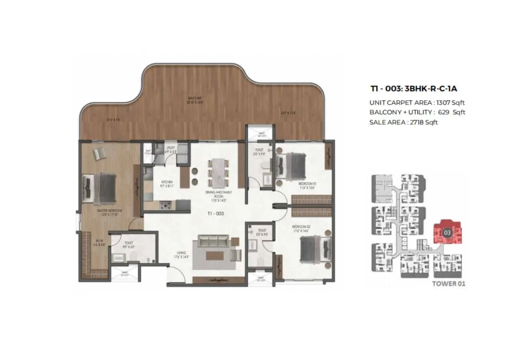 3 BHK Large with XXL balcony floor plan, 2700 sq ft